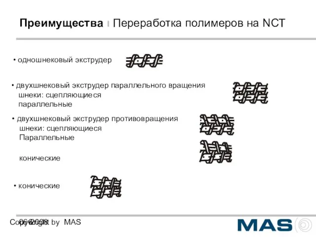 06-2008 Copywright by MAS Преимущества ı Переработка полимеров на NCT конические одношнековый