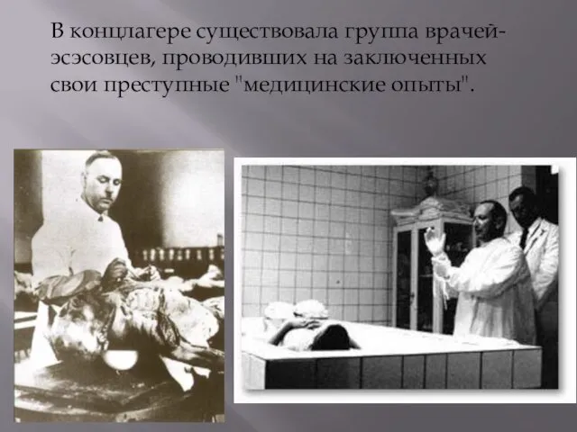 В концлагере существовала группа врачей-эсэсовцев, проводивших на заключенных свои преступные "медицинские опыты".