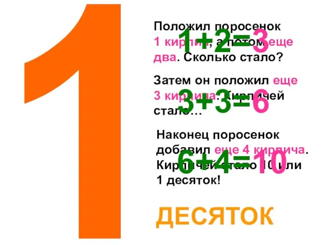 Положил поросенок 1 кирпич, а потом еще два. Сколько стало? Затем он