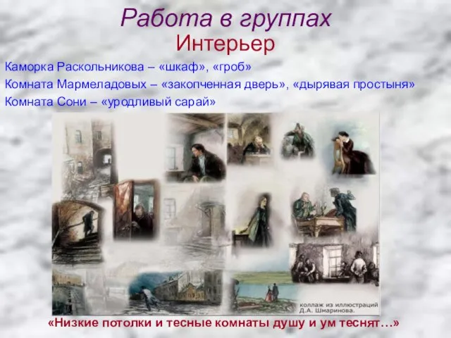 Работа в группах Интерьер Каморка Раскольникова – «шкаф», «гроб» Комната Мармеладовых –