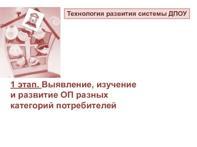 1 этап. Выявление, изучение и развитие ОП разных категорий потребителей Технология развития системы ДПОУ