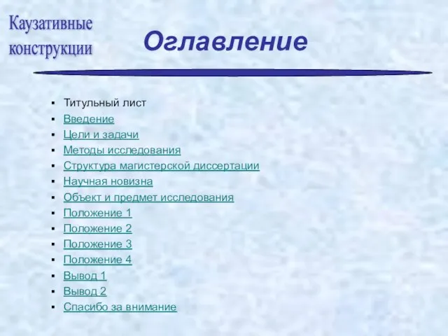 Оглавление Титульный лист Введение Цели и задачи Методы исследования Структура магистерской диссертации