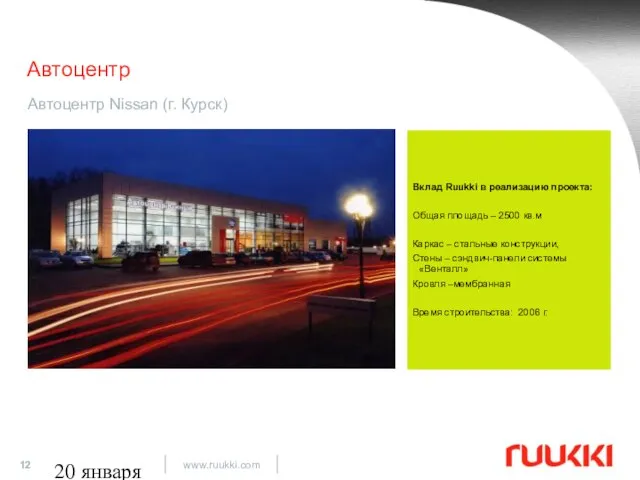 20 января 2009 Автоцентр Автоцентр Nissan (г. Курск) Вклад Ruukki в реализацию
