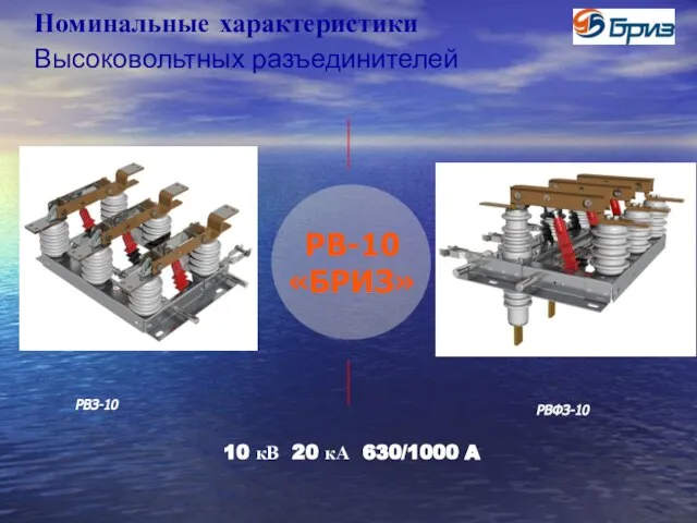 Номинальные характеристики Высоковольтных разъединителей РВ-10 «БРИЗ» РВЗ-10 10 кВ 20 кА 630/1000 A РВФЗ-10