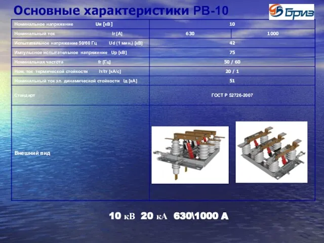 Основные характеристики РВ-10 10 кВ 20 кА 630\1000 A