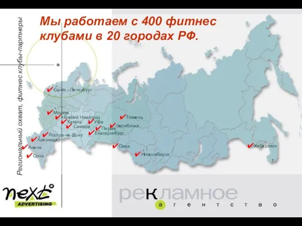 Региональный охват, фитнес клубы-партнеры Мы работаем с 400 фитнес клубами в 20 городах РФ.