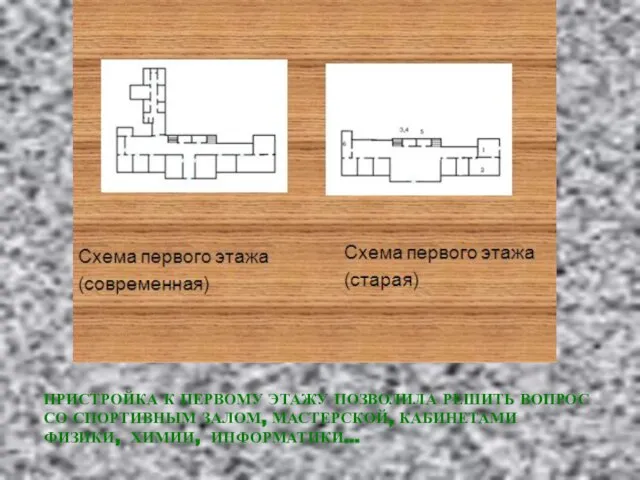 ПРИСТРОЙКА К ПЕРВОМУ ЭТАЖУ ПОЗВОЛИЛА РЕШИТЬ ВОПРОС СО СПОРТИВНЫМ ЗАЛОМ, МАСТЕРСКОЙ, КАБИНЕТАМИ ФИЗИКИ, ХИМИИ, ИНФОРМАТИКИ…