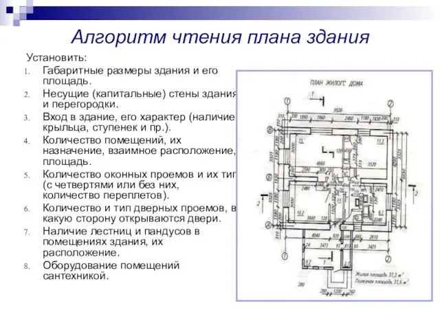 Алгоритм чтения плана здания Установить: Габаритные размеры здания и его площадь. Несущие