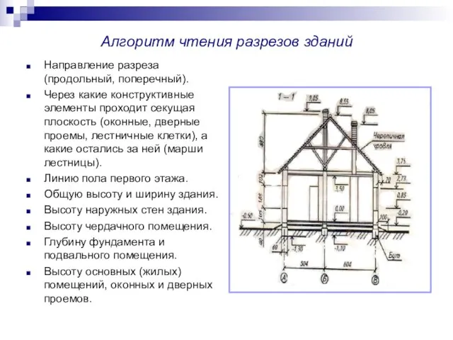 Алгоритм чтения разрезов зданий Направление разреза (продольный, поперечный). Через какие конструктивные элементы