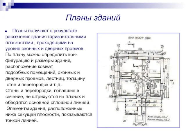 Планы зданий Планы получают в результате рассечения здания горизонтальными плоскостями , проходящими