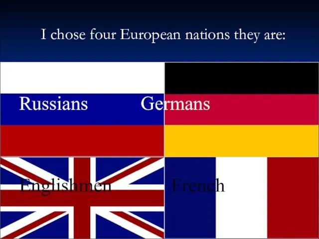 I chose four European nations they are: Russians Germans Englishmen French