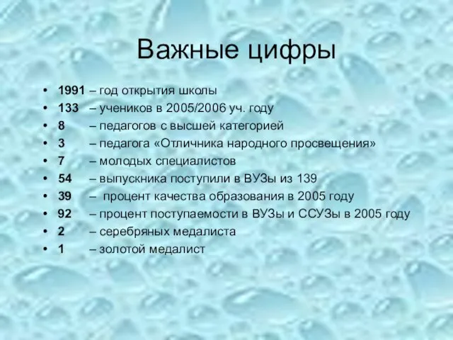 Важные цифры 1991 – год открытия школы 133 – учеников в 2005/2006