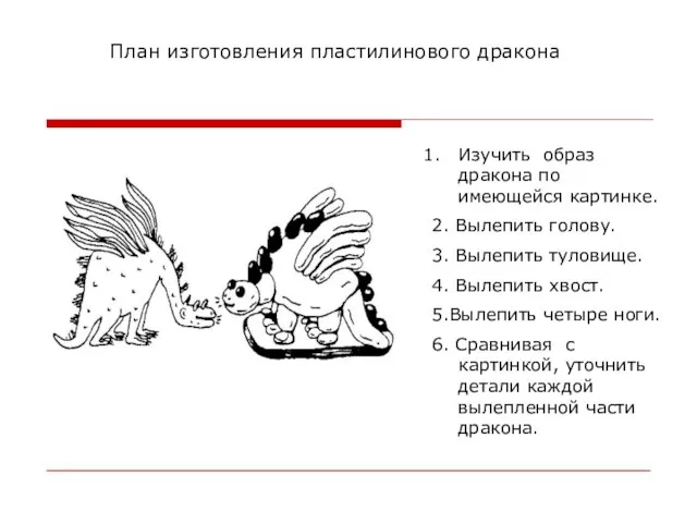 План изготовления пластилинового дракона Изучить образ дракона по имеющейся картинке. 2. Вылепить