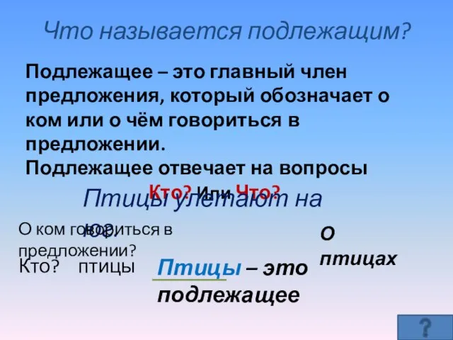 Что называется подлежащим? Подлежащее – это главный член предложения, который обозначает о