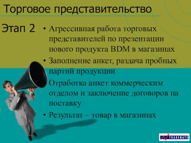 Торговое представительство Агрессивная работа торговых представителей по презентации нового продукта BDM в