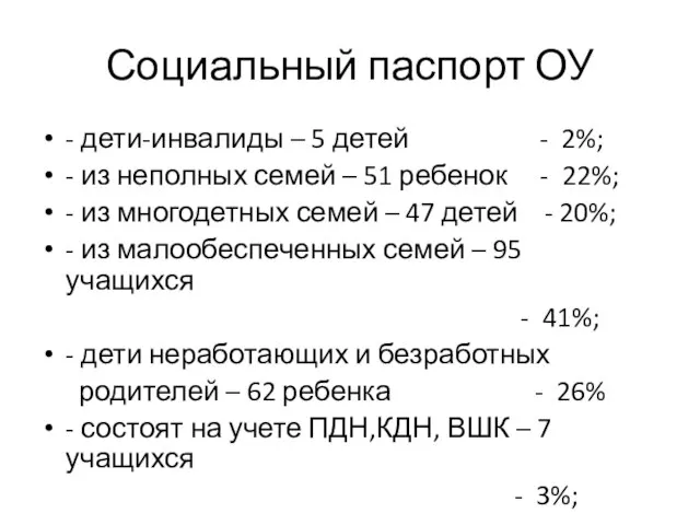 Социальный паспорт ОУ - дети-инвалиды – 5 детей - 2%; - из