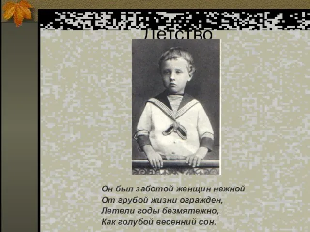 Детство Он был заботой женщин нежной От грубой жизни огражден, Летели годы