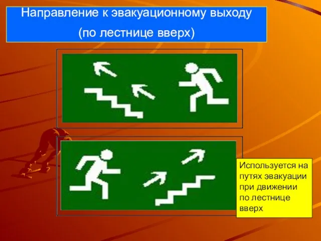 Направление к эвакуационному выходу (по лестнице вверх) Используется на путях эвакуации при движении по лестнице вверх