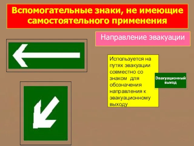 Вспомогательные знаки, не имеющие самостоятельного применения Направление эвакуации Используется на путях эвакуации