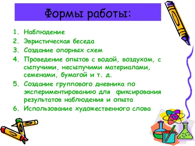 Формы работы: Наблюдение Эвристическая беседа Создание опорных схем Проведение опытов с водой,