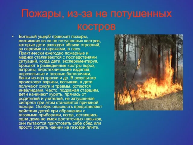 Пожары, из-за не потушенных костров Большой ущерб приносят пожары, возникшие из-за не