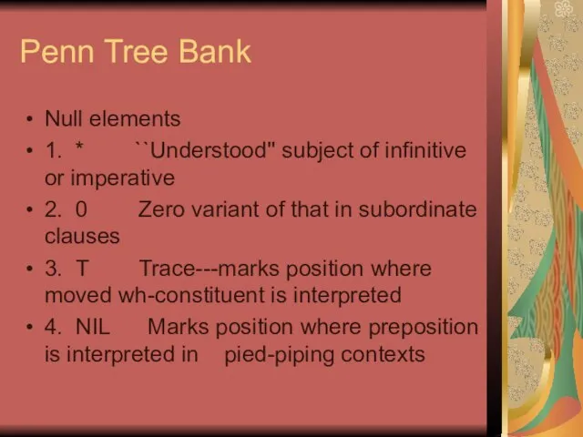 Penn Tree Bank Null elements 1. * ``Understood'' subject of infinitive or