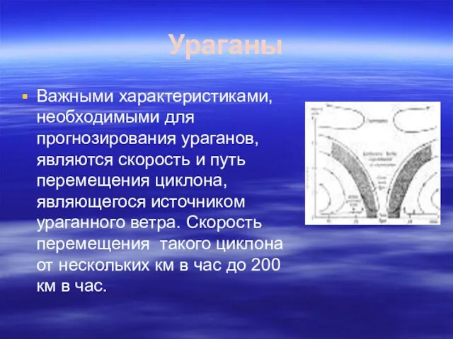 Ураганы Важными характеристиками, необходимыми для прогнозирования ураганов, являются скорость и путь перемещения