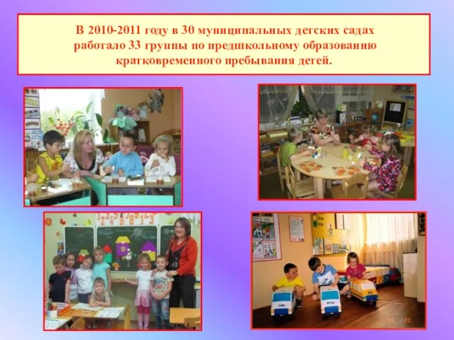 В 2010-2011 году в 30 муниципальных детских садах работало 33 группы по