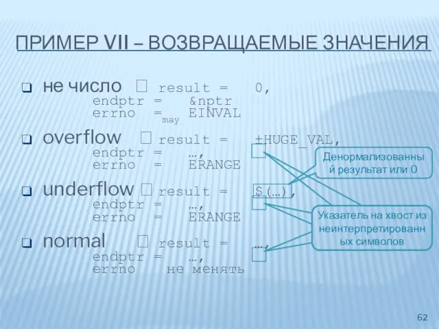 ПРИМЕР VII – ВОЗВРАЩАЕМЫЕ ЗНАЧЕНИЯ не число ? result = 0, endptr