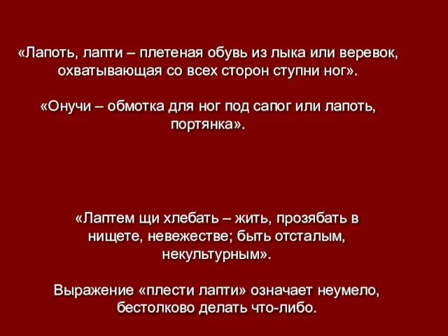 «Лапоть, лапти – плетеная обувь из лыка или веревок, охватывающая со всех