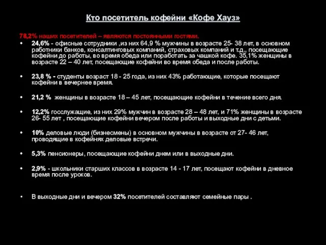 Кто посетитель кофейни «Кофе Хауз» 78,2% наших посетителей – являются постоянными гостями.