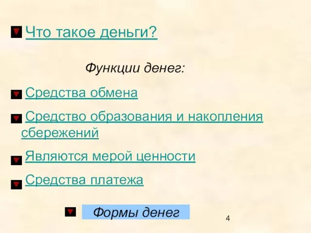 Что такое деньги? Функции денег: Средства обмена Средство образования и накопления сбережений