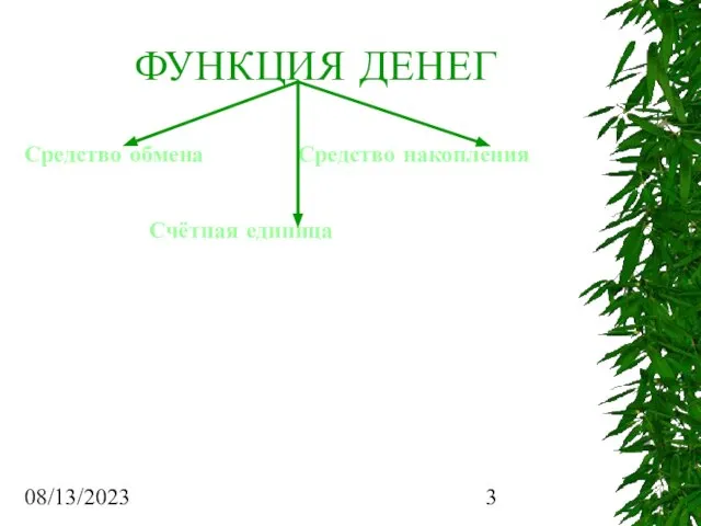 08/13/2023 ФУНКЦИЯ ДЕНЕГ Средство обмена Средство накопления Счётная единица