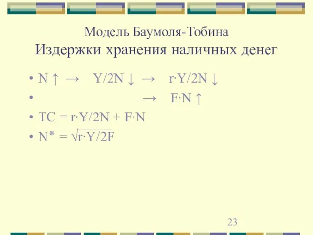 Модель Баумоля-Тобина Издержки хранения наличных денег N ↑ → Y/2N ↓ →