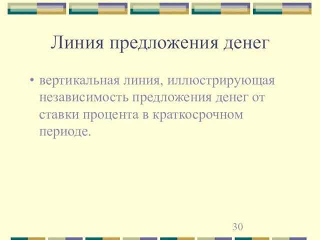 Линия предложения денег вертикальная линия, иллюстрирующая независимость предложения денег от ставки процента в краткосрочном периоде.