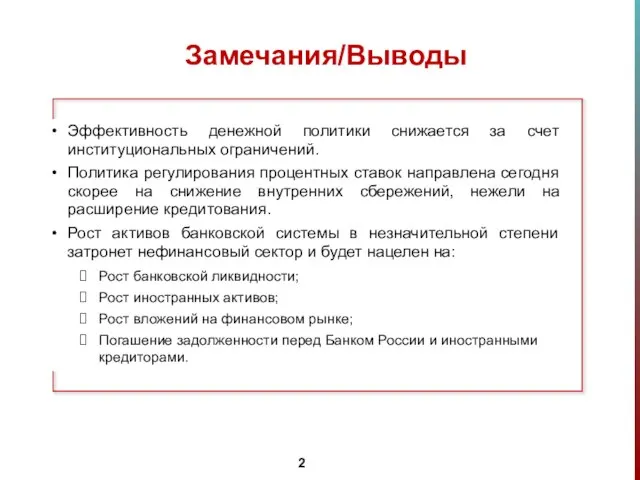 Замечания/Выводы Эффективность денежной политики снижается за счет институциональных ограничений. Политика регулирования процентных