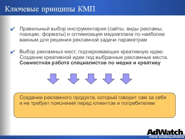 Ключевые принципы КМП Правильный выбор инструментария (сайты, виды рекламы, позиции, форматы) и