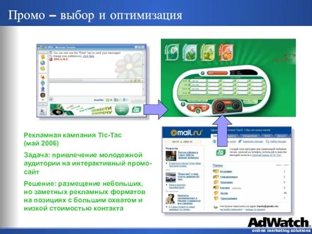 Промо – выбор и оптимизация Рекламная кампания Tic-Tac (май 2006) Задача: привлечение