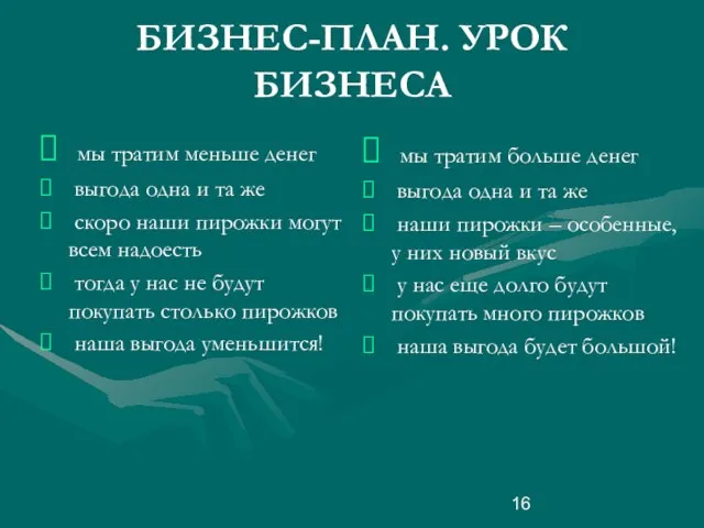 БИЗНЕС-ПЛАН. УРОК БИЗНЕСА мы тратим меньше денег выгода одна и та же