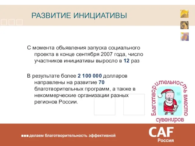 РАЗВИТИЕ ИНИЦИАТИВЫ С момента объявления запуска социального проекта в конце сентября 2007