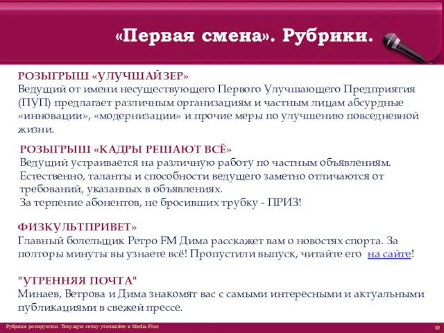 «Первая смена». Рубрики. РОЗЫГРЫШ «УЛУЧШАЙЗЕР» Ведущий от имени несуществующего Первого Улучшающего Предприятия