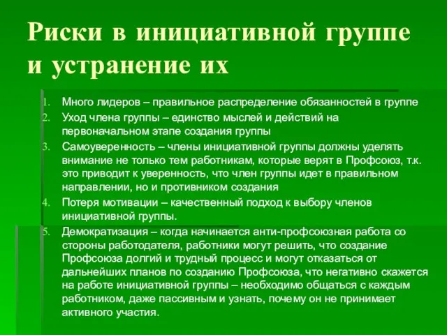 Риски в инициативной группе и устранение их Много лидеров – правильное распределение