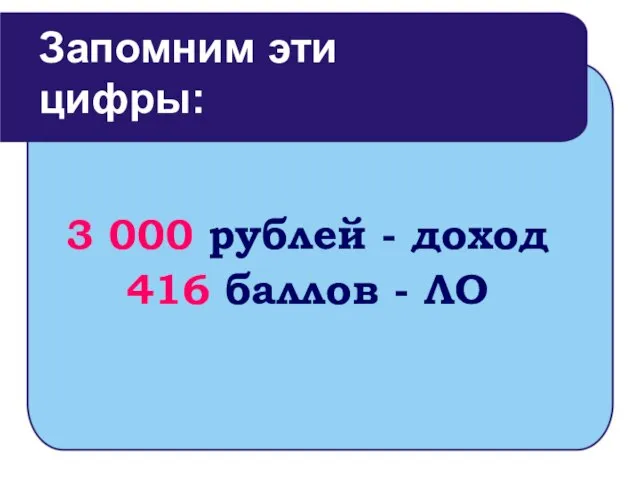 3 000 рублей - доход 416 баллов - ЛО Запомним эти цифры: