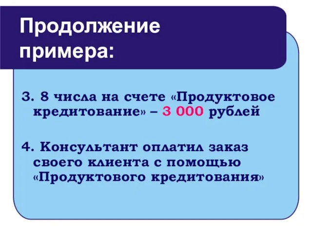 3. 8 числа на счете «Продуктовое кредитование» – 3 000 рублей 4.