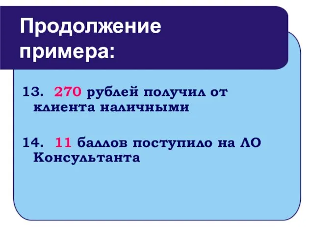 13. 270 рублей получил от клиента наличными 14. 11 баллов поступило на ЛО Консультанта Продолжение примера: