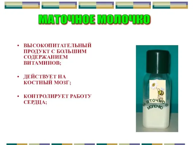ВЫСОКОПИТАТЕЛЬНЫЙ ПРОДУКТ С БОЛЬШИМ СОДЕРЖАНИЕМ ВИТАМИНОВ; ДЕЙСТВУЕТ НА КОСТНЫЙ МОЗГ; КОНТРОЛИРУЕТ РАБОТУ СЕРДЦА; МАТОЧНОЕ МОЛОЧКО