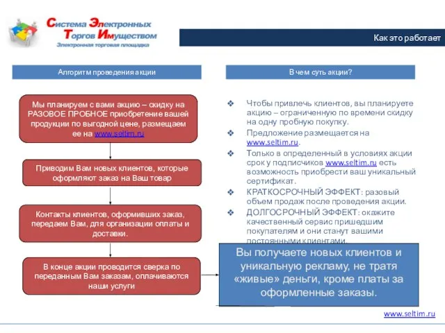 Как это работает www.seltim.ru Мы планируем с вами акцию – скидку на