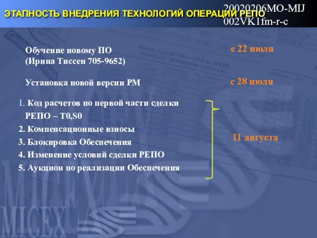 20020206MO-MIJ002VK1fm-r-c ЭТАПНОСТЬ ВНЕДРЕНИЯ ТЕХНОЛОГИЙ ОПЕРАЦИЙ РЕПО Код расчетов по первой части сделки