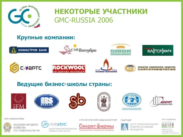 НЕКОТОРЫЕ УЧАСТНИКИ GMC-RUSSIA 2006 Крупные компании: Ведущие бизнес-школы страны:
