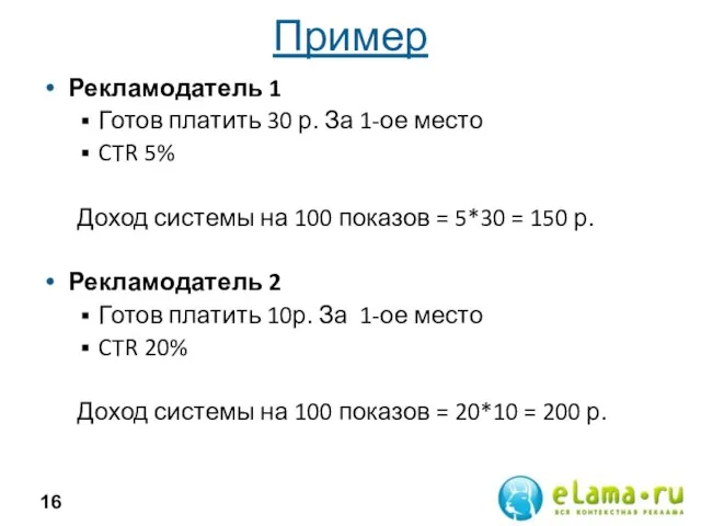 Пример Рекламодатель 1 Готов платить 30 р. За 1-ое место CTR 5%